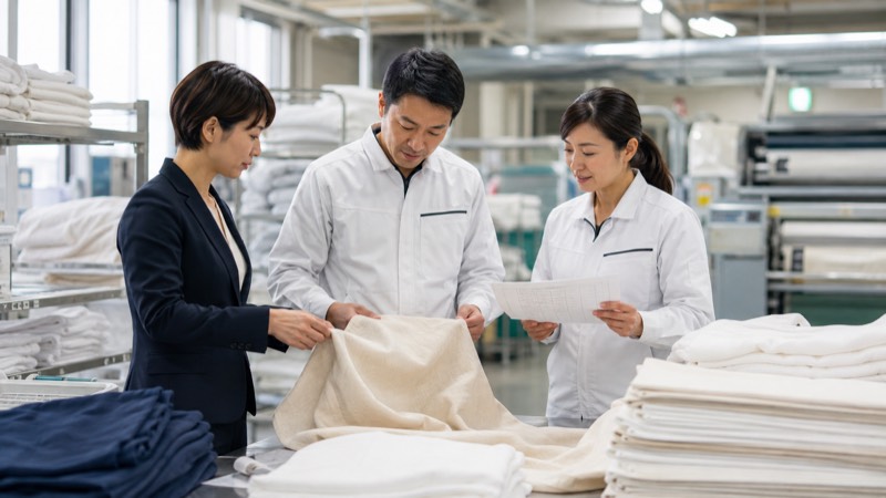 リネンの仕様と比較条件を確認する担当者